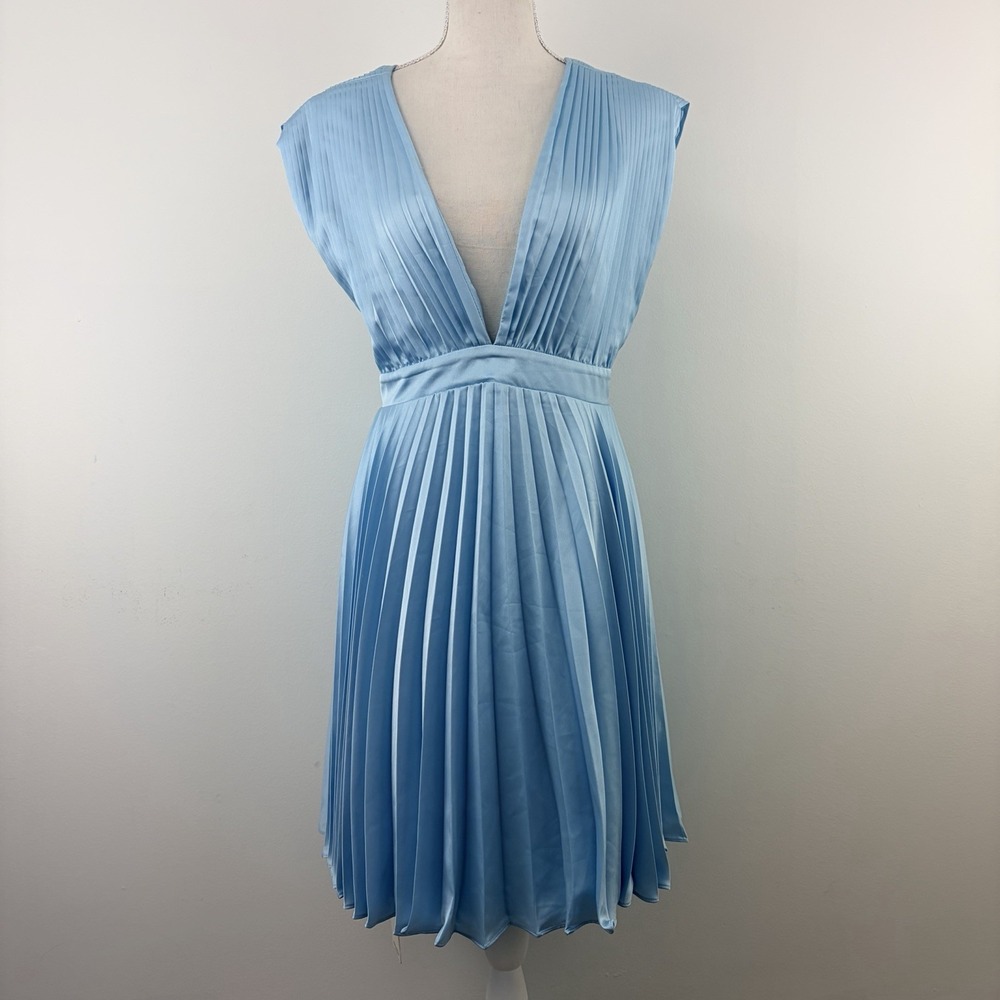 Abercrombie & Fitch Womens XL Blue Plunge Pleated Satin Mini Dress NWT